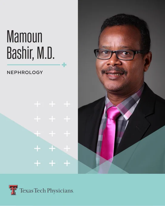 A professional headshot of Mamoun Bashir, M.D., with the words, “nephrology” followed by the Texas Tech Physicians logo. 