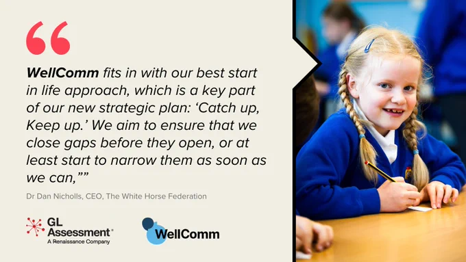 A young student sitting at a desk, smiling and looking towards the camera, with a pencil in hand, in front of a quote about the WellComm program by Dr Dan Nicholls, CEO, The White Horse Federation. The logos of GL Assessment and WellComm are also displayed.