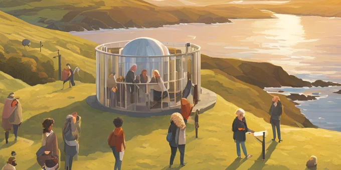 Graphic of people gathered around a small observatory dome on a grassy cliff overlooking a calm sea at sunset.