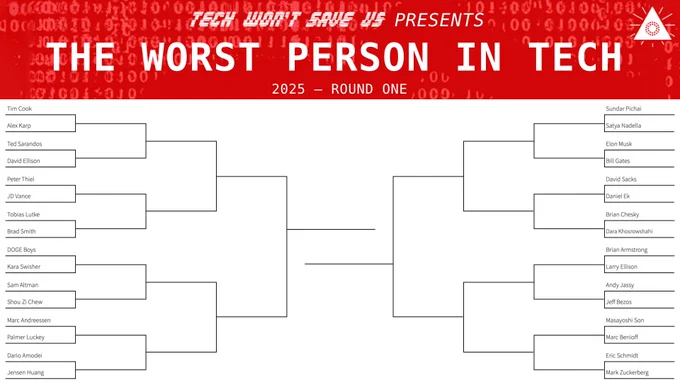 Bracket showing the 32 names in the Worst Person in Tech 2025