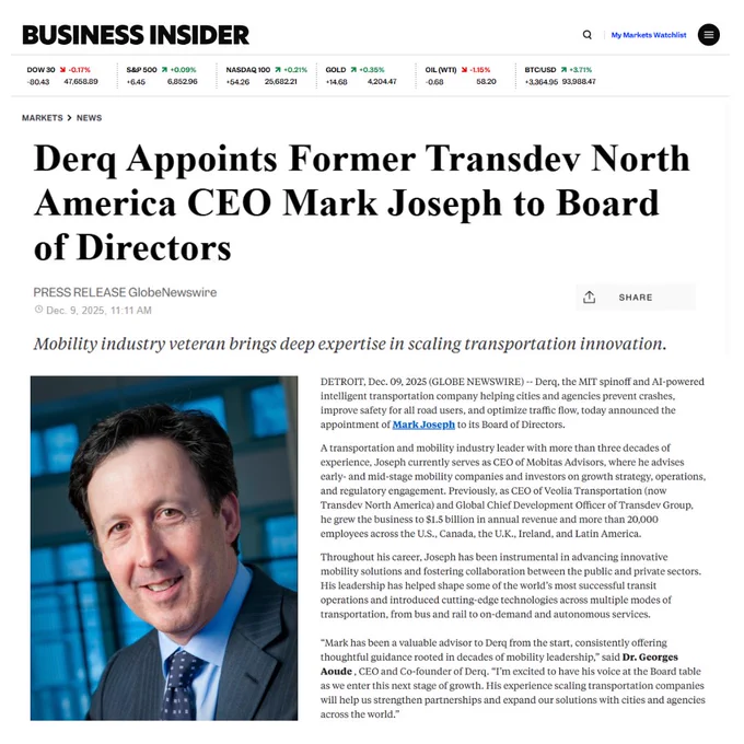 Derq appoints former Transdev North America CEO Mark Joseph to board of directors.