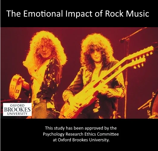 An image of Led Zeppelin in concert in orange hues, with above it "The Emotional Impact of Rock Music", the Oxford Brookes University logo, and the text: "This study has been approved by the Psychology Research Ethics Committee at Oxford Brookes University." 