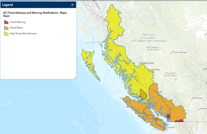  Flood Warning for the Chilliwack River and its tributaries, as well as the North Shore Mountains.

Flood Watch for tributaries of the Lower Fraser, including the Lillooet River and tributaries around Pemberton, the Fraser Valley, the Fraser Canyon and the Coast Mountains. A separate Flood Warning remains in effect for the Sumas River. A Flood Watch is also in place for the Kingcome River, Vancouver Island including the Englishman River, and the South Coast including the Sunshine Coast, Howe Sound and the Sea-to-Sky corridor.

High Streamflow Advisory for Haida Gwaii, the North Coast including Kitimat, Prince Rupert and surrounding areas, and the Central Coast.