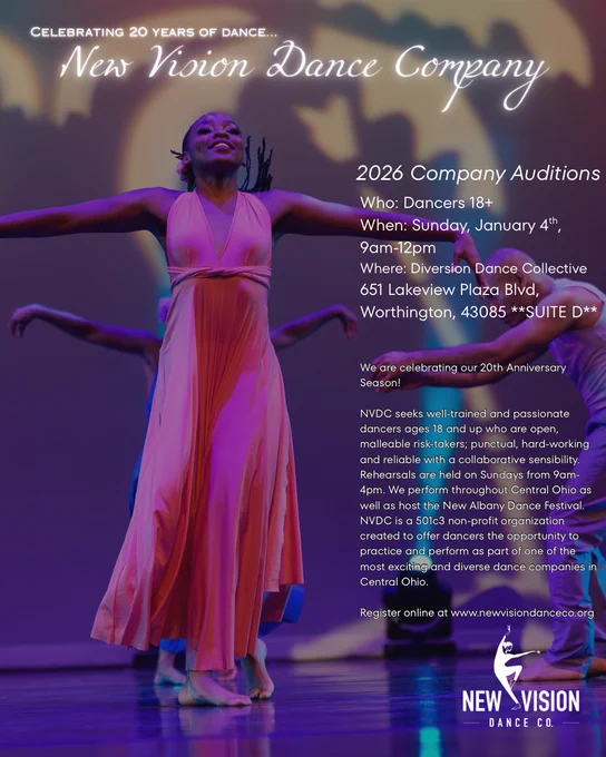 Dancer in flowing pink dress performing on stage with purple lighting during New Vision Dance Company's 20th anniversary celebration.