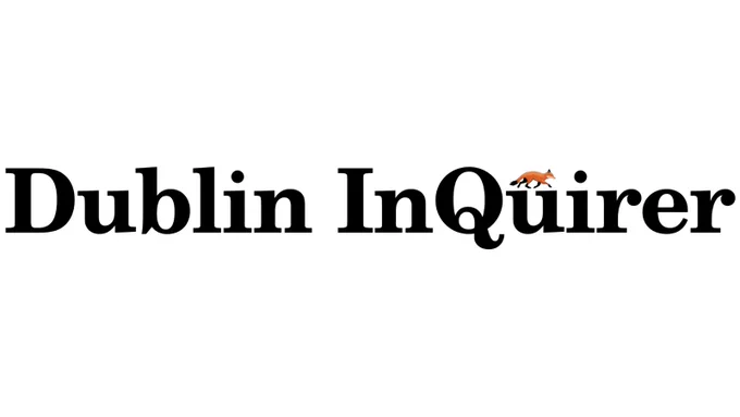 "Dublin Inquirer" black text logo on a white background with stylised fox jumping over the letter 'Q'. 