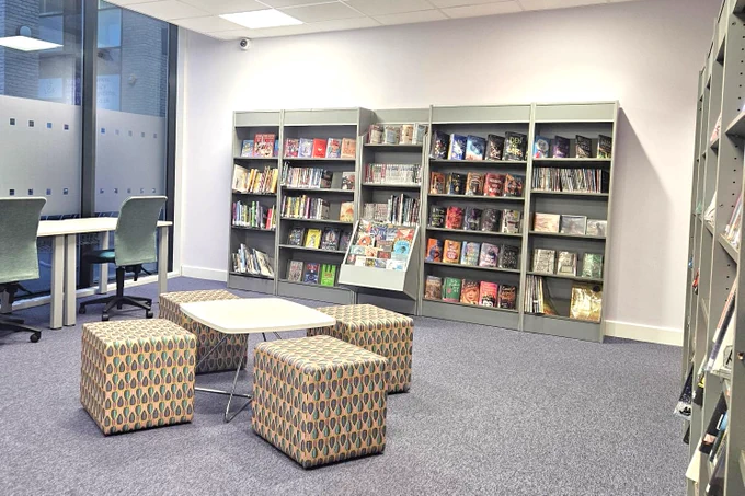 Seating area with bookcases at Orpington Library.