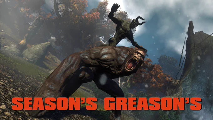 Two furry figures stand in the midst of a snowy glade surrounded by trees. To the right is a broken tree trunk radiating a soft light glow from within. To the left are large boulders propping a totem pole in the background. This is the Sasquatch Glade in the playfield The Blue Mountain from the game “Secret World Legends”. One of the figures is a large sasquatch roaring in frustration with fangs bared and a fist on the ground. This the Sasquatch Chief, and he is not amused. On top of the Sasquatch Chief is a caprine being with tawny fur and two hooked horns – Krampus himself. Krampus is leaping onto the Sasquatch Chief in a maliciously mischievous move, and the Sasquatch Chief does not approve. Red text at the bottom of the image states, “Season’s Greason’s”. Season’s Greason’s, sweetlings!