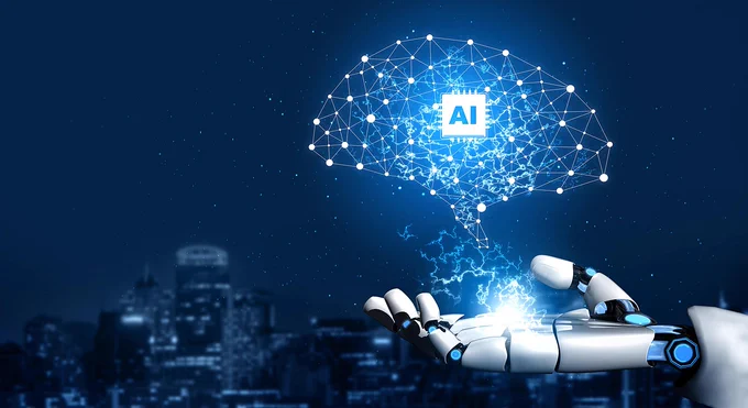 This image shows a robotic hand with a digital cloud above it with the words AI.