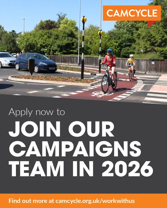 A picture of two young people using the Dutch roundabout at Fendon Road. Overlaid is the Camcycle logo. Text reads: Apply now to Join Our Campaigns Team in 2026. Find out more at camcycle.org.uk/workwithus