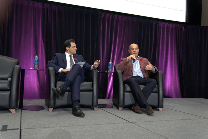 Konstantinos Georgaras, CIPO, and Jim Balsillie, CIGI speaking on stage.