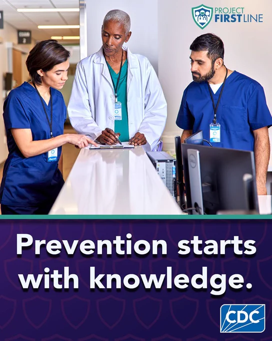 A group of healthcare workers and the text “Prevention starts with knowledge.” 