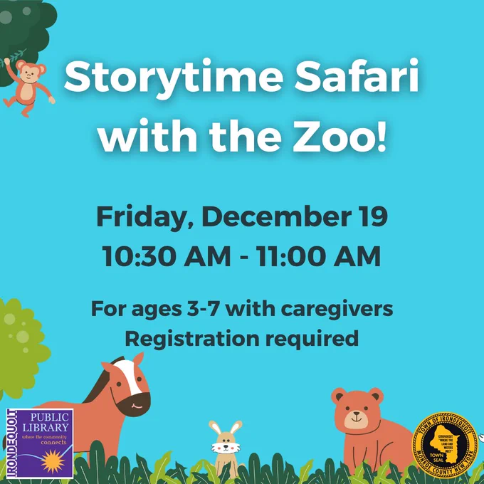 Promo image for library program:

Storytime Safari with the Zoo!

Friday, December 19
10:30 AM

For Ages 3-7 With Caregivers

Registration Required