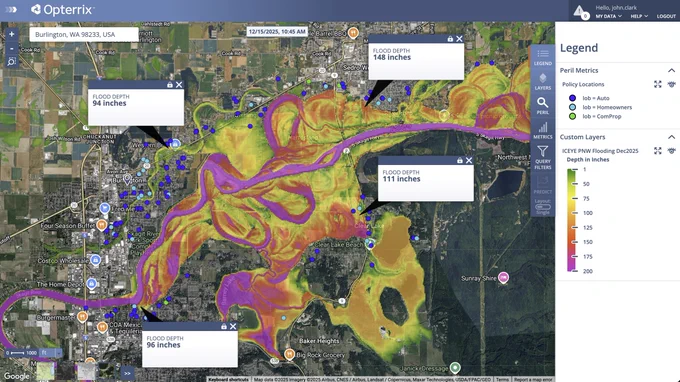 A map of ICEYE flood depth data and impacted policy locations, visualized in the Opterrix platform.