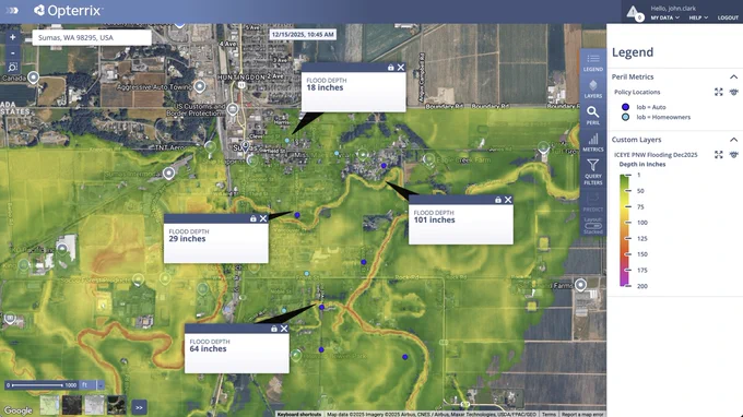 A map of ICEYE flood-depth data and impacted policy locations in Sumas, Washington, visualized on the Opterrix platform.