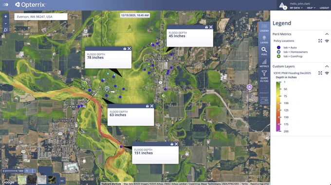A map of ICEYE flood-depth data and impacted policy locations in Everson, Washington, visualized on the Opterrix platform.