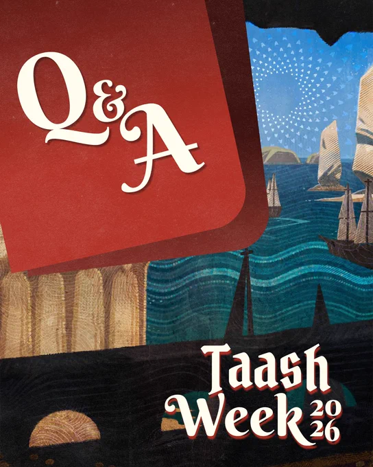 Illustration of boats sailing towards the horizon, a stylized sun, and rock formations. A pillar and a balcony railing are visible in the foreground, framing the scene. 

In the upper left corner, two overlapping red tarot cards display the text "Q&A" in white. At the bottom right, the text read "Taash Week 2026".