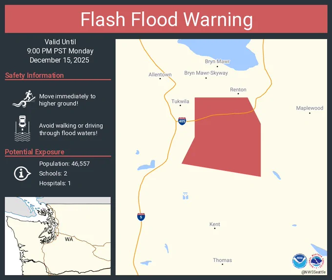 This graphic displays a flash flood warning plotted on a map. The warning is in effect until 9:00 PM PST. The warning includes King County, WA.  This warning is for A Dam Break in and West Central King County in west central Washington. Avoid walking or driving through flood waters! Move immediately to higher ground! There are 46,557 people in the warning along with 2 schools and 1 hospital.