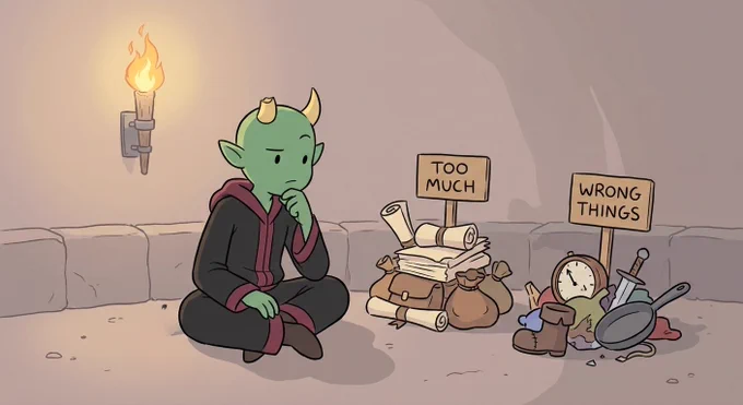 Koop sitting on the ground with two piles beside him:
one labeled “Too Much,” the other “Wrong Things.”