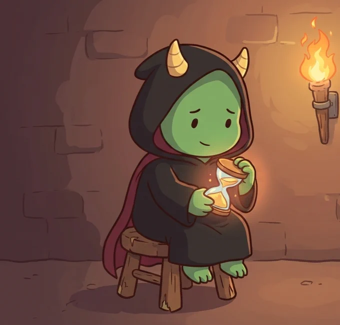 Koop holding a small glowing hourglass with only a little sand left.