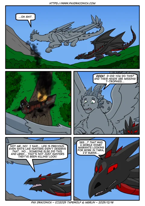 Mermul flies through the Disputed Territories with Fiskul in tow.  They spot a cloud of thick, black smoke.

Mermul: "...Oh SHIT."

On a rough track through the forest, a flatbed transporter lorry lies on its side, burned out with the tyres aflame. It has Hunter livery and is intended for transporting a slain dragon's carcass for processing.  Two charred skeletons lie next to the truck, without skulls.

Mermul: "EEEK! D-did YOU do this? And their HEADS are missing! T-trophies...?"

Fiskul: "Not ME, no! I said... life is precious. Even shits like Hunters don't deserve THAT. No... Someone else did this. And urgh... that's not just Hunters they've been killing! Look!"

Fiskul: "See...? THAT was a mobile home! Migrants hoping for work in Taria, I'd guess..."