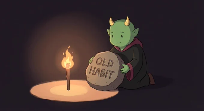 Koop gently placing a heavy object labeled “Old Habit” outside a small circle of light.