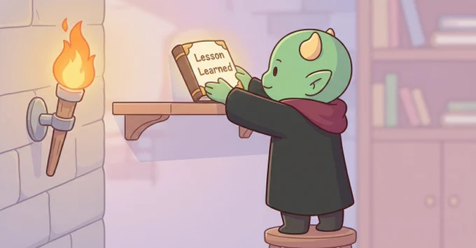 Koop gently placing a glowing book labeled “Lesson Learned” onto a shelf.