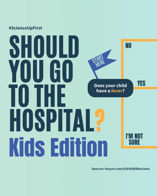 Large bolded text on a teal background reads: “SHOULD YOU GO HERE TO THE HOSPITAL? Kids Edition” Under a flag that says “Start here” there is a question that asks “Does your child have a fever?” with three different options branching out and leading to more decisions. 