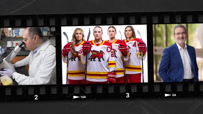 A filmstrip of photos, including a person looking at a microscope and a hockey team.