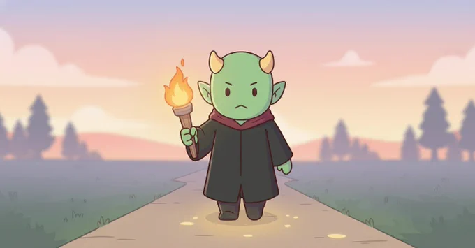 Koop walking forward on a faint glowing path, torch lighting the next few steps but not the whole road.