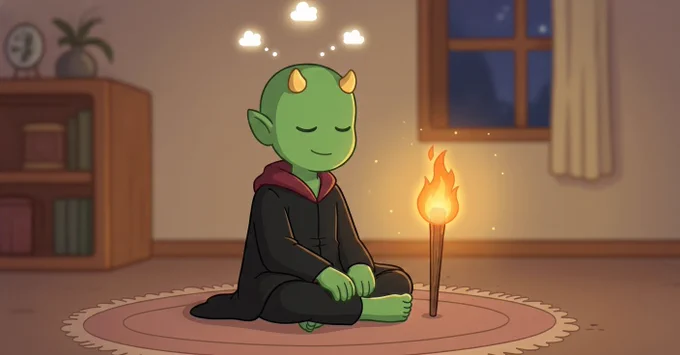 Koop sitting cross-legged, torch beside him, small glowing thought shapes (simple dots or cloud icons) hovering softly above his head.