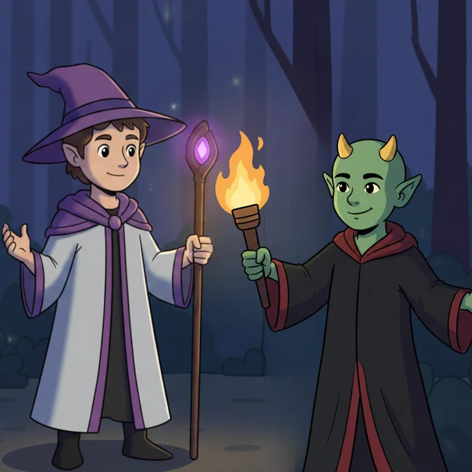 Koop standing calmly with his torch held low, nodding gently toward another wizard, wearing a white purple magician's robe and a purple wizard hat, holding a wooded staff that has a glowing purple gem, symbolizing recognition without conflict.