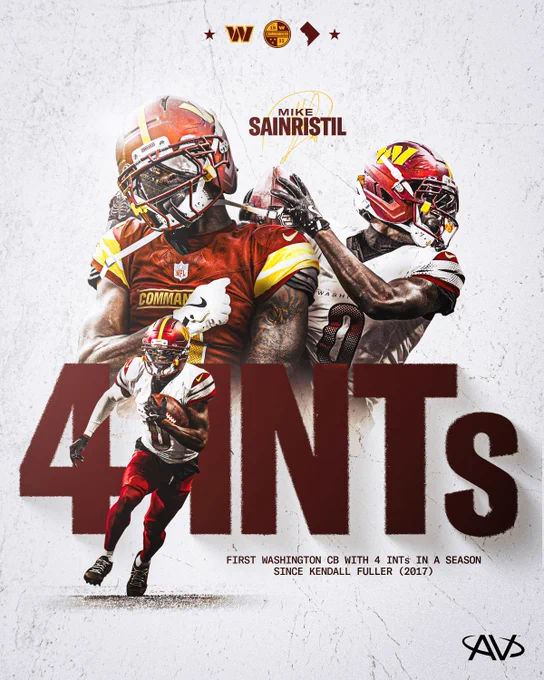 Graphic. It features three cutout photos of Mike Sainristil and says: 4 INTs, First Washington CB with 4 INTs in a season since Kendall Fuller (2017). 