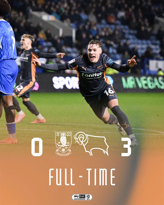 Full-time: Sheffield Wednesday 0-3 Derby County

Graphic including an image of Liam Thompson celebrating his goal.