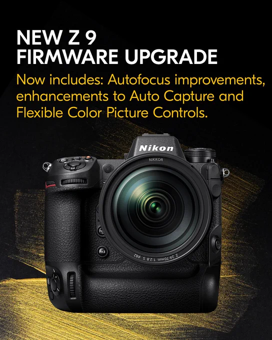 A graphic showing a Nikon Z 9 camera with a NIKKOR Z 24-70mm f/2.8 S lens on a black and yellow background. The text on the graphic reads: “New Z 9 Firmware Upgrade. Now includes: Autofocus Improvements, enhancements to Auto Capture and Flexible Color Picture Controls.”