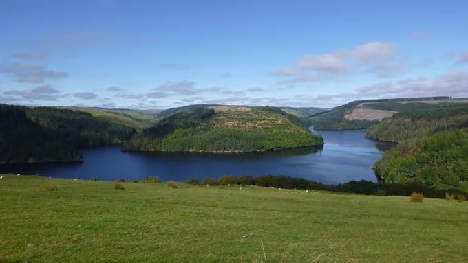 Landscape photo of Llyn Brianne showing a lake surrounding a land mass. Grassland is in the foreground.