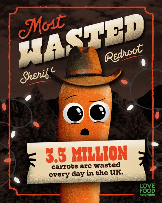 Most Wasted. Sheriff Redroot. 3.5 million carrots are wasted every day in the UK. A shocked carrot with a cowboy hat is surrounded by Christmas lights. Love food hate waste.