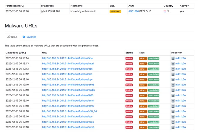 React2Shell Mirai payload delivery URL
