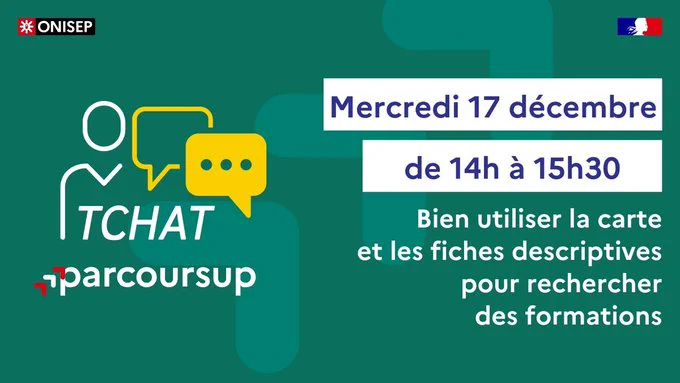 Mercredi 17 décembre de 14h à 15h30 : tchat Onisep sur la carte des formations Parcoursup 2026.
