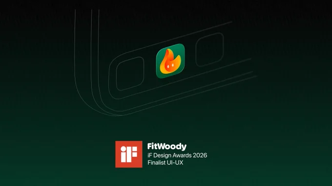 Gráfico en tonos verdes oscuros con un widget de FitWoody en primer plano y el sello de finalista  de los if design awards 2026 en la categoría ui-ux