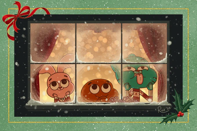 Illustration of the Watterson siblings gazing at snow through the frosted window in the evening. Anais and Darwin admire the sight, while Gumball licks the window for some reason.