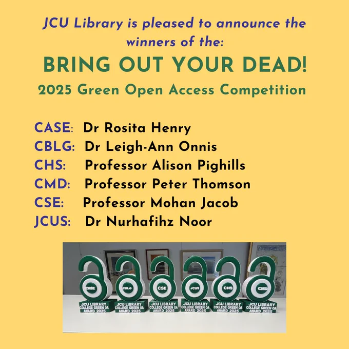 The winners are: 
CASE:  Dr Rosita Henry
CBLG:  Dr Leigh-Ann Onnis
CHS:    Professor Alison Pighills
CMD:   Professor Peter Thomson
CSE:    Professor Mohan Jacob
JCUS:   Dr Nurhafihz Noor 