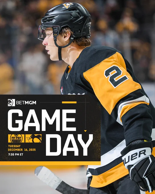 Photo of Rutger McGroarty and text that shows the Penguins will play the Oilers at 7:30 PM.