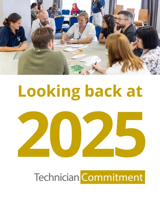 Photo of 14 technicians sat around 2 tables taking part in a workshop. Text reads: 'Looking back at 2025'. Technician Commitment logo.