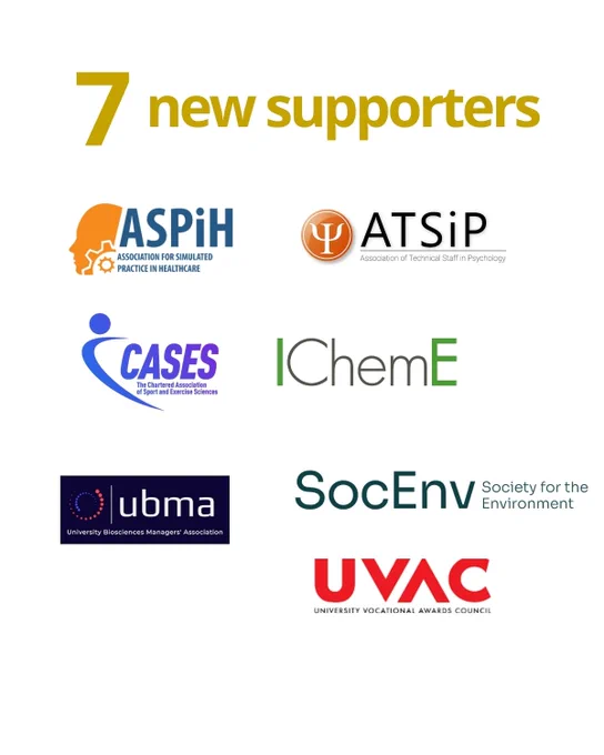 Text reads '7 new supporters'. Logos of the 7 new supporter organisations arranged alphabetically: Association for Simulated Practice in Healthcare;  Association of Technical Staff in Psychology; The Chartered Association of Sports and Exercise Sciences; Institution of Chemical Engineers; University Biosciences Managers Association; Society for the Environment; University Vocational Awards Council.