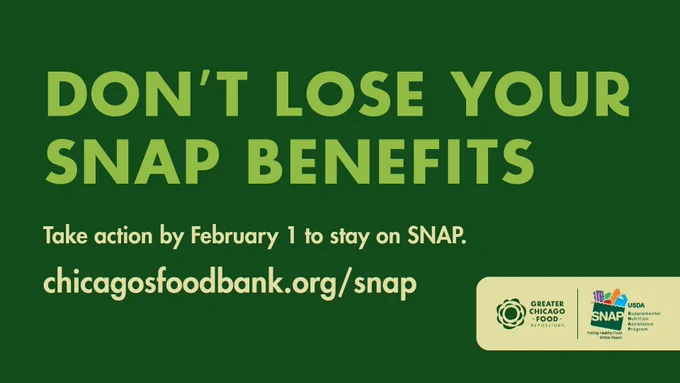 Promotional banner reminding to take action by February 1 to maintain SNAP benefits, with a link to Chicago's Food Bank website for more information, accompanied by logos of the Greater Chicago Food Depository and USDA. Background color is green with white and yellow text.