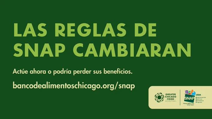 Advertisement stating 'SNAP RULES WILL CHANGE' with a call to action to visit bancoalimentoschicago.org/snap to prevent losing benefits. Logos of Greater Chicago Food Depository and USDA SNAP included.
