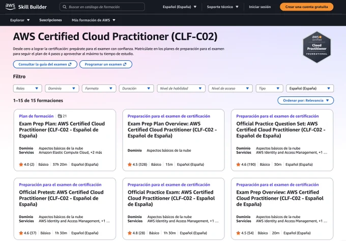Captura de pantalla de la plataforma AWS Skill Builder en español que muestra la página de la certificación AWS Certified Cloud Practitioner (CLF-C02). Se ve el título principal, botones para consultar la guía del examen y programar un examen, filtros de búsqueda y una cuadrícula con varios cursos de preparación, planes de estudio, exámenes de práctica y cuestionarios oficiales, indicando duración, nivel básico, idioma español y valoraciones.