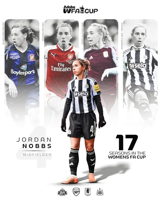 A graphic showing Jordan Nobbs in Newcastle kit, and four images behind of her in the different clubs she has competed in (Sunderland, Arsenal, Aston Villa and Newcastle) along with the club's badges. It also says 'Jordan Nobbs: 17 seasons in the Women's FA Cup'