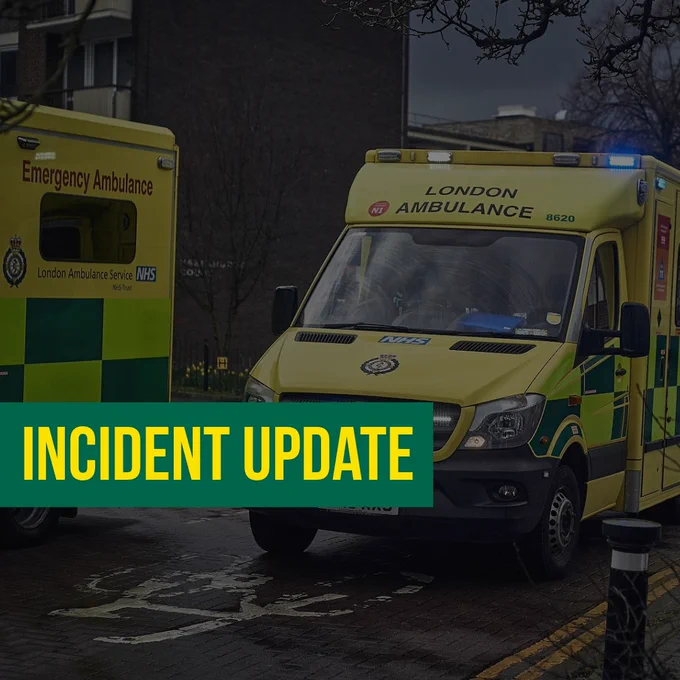 Image of an ambulance on blue lights, with a caption reading: 'Incident Update'. 