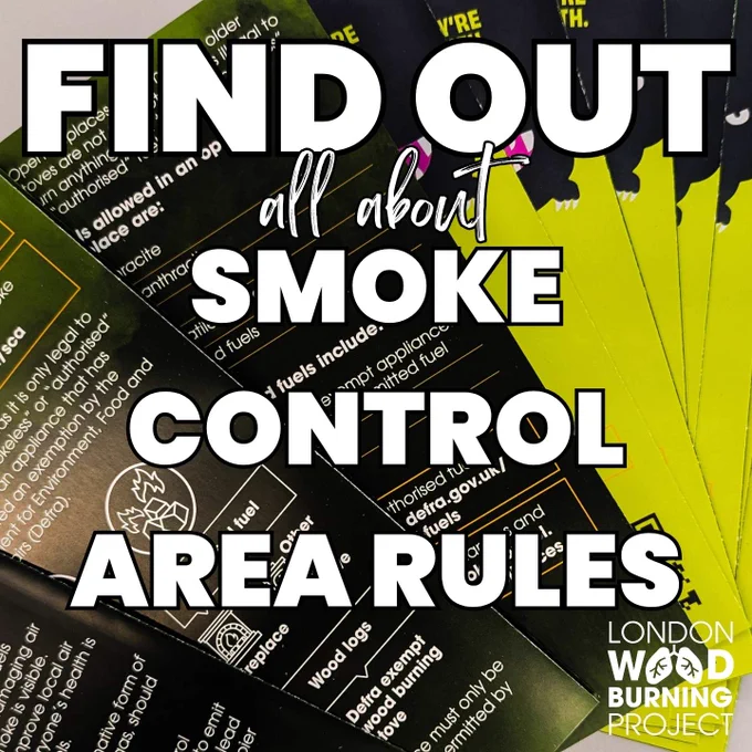 Text reads “Find out all about Smoke Control Area Rules” and the background is a fan of Smoke Control Area rule leaflets.
